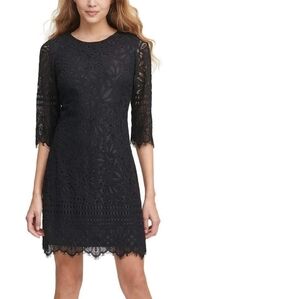 Kensie Lace 1/2 Sleeve Women's Sheath Round Neck Mini Dress, Black, 12